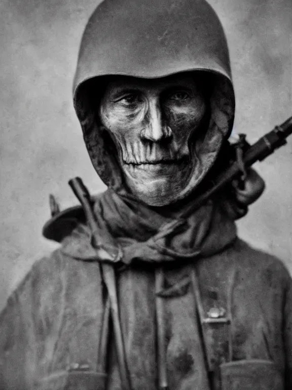 Image similar to portrait of grim reaper on the battlefield, ww1 photo, grainy, high detail, high resolution,