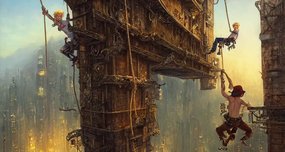 Image similar to landscape painting of a blonde boy thief in leathers using a rope to climb a tall metal steampunk buildings within a fantasy city with bridges, fine details, andreas rocha, magali villeneuve, artgerm, rutkowski