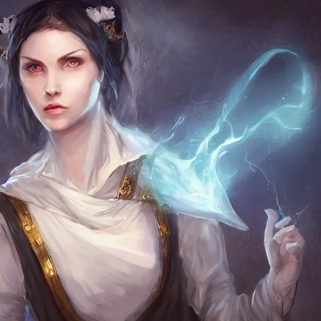 Image similar to Female Cleric with kerchief covering her ears, casting a glowing spell. Blue eyes, black hair, porcelain skin, full lips, high slanted cheekbones. Fantasy art, elegant, highly detailed, dramatic lighting, illustration, award winning on artstation, D&D, Dungeons and Dragons, roleplaying.