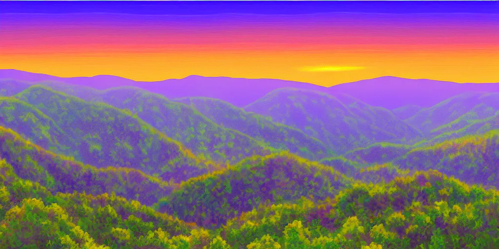 Prompt: a modern digital painting of the appalachian mountains panoramic, bright, summer, wide - angle purple hues sunset