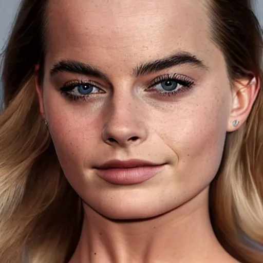 Image similar to a woman who is a genetic combination of margot robbie and emma watson face and upper - body focus