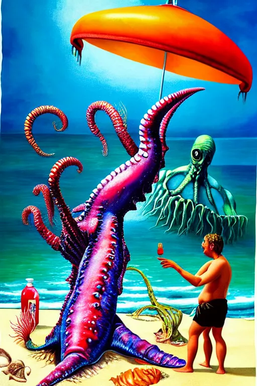 Image similar to a hyperrealistic painting of a sea creature monster washing up on the beach while people are laying on towels with umbrellas, cinematic horror by chris cunningham, lisa frank, richard corben, highly detailed, vivid color,