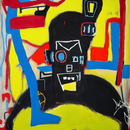 Image similar to basquiat oil painting of robot sneakers, balenciaga,