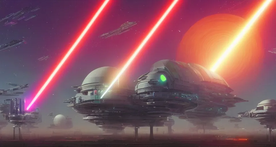Image similar to GIANT ORBITAL DEATH CANNON, DEATH STAR, Low orbital laser cannon shooting a neon beam down on the landscape, neon laser cannon, cinematic, rendered by Beeple, Makoto Shinkai, syd meade, simon stålenhag, star wars, inspired by Gundam, environment concept, digital art, unreal engine, 3 point perspective, WLOP, trending on artstation, low level, 4K UHD image, octane render,