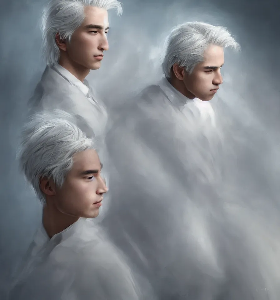 Image similar to a portrait of a young handsome prince with white hair, elegant, beautiful, backlit, incredible lighting, strong rim light, highly detailed, god rays, digital painting, HDRI, by Heise Jinyao, Heise-Lian Yan Fang, Feimo, Richard Taddei, vivid colors, high contrast, 8k resolution, intricate, photorealistic, smooth