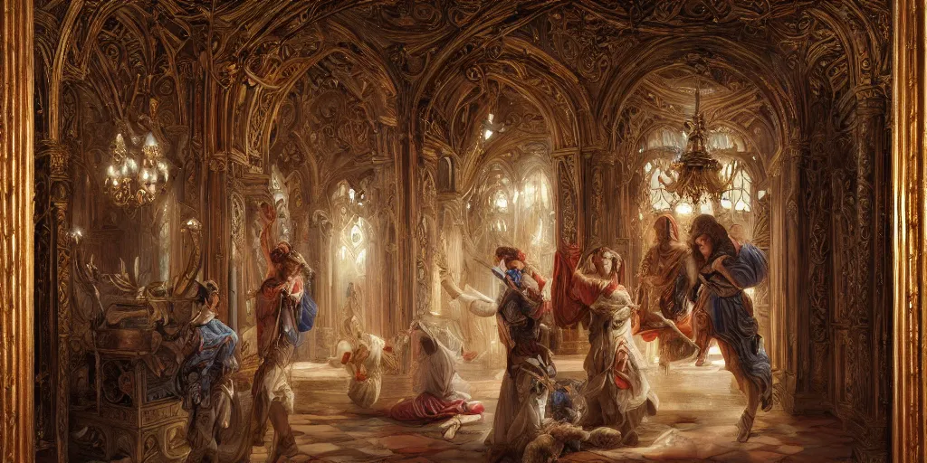 Prompt: a stunning and noble highly detailed romantic period style painting of the place where gods come into being by james jean, josep tapiro baro and harles sillem lidderdale, trending on artstation, oil painting masterpiece, symmetry, rule of thirds, mysterious