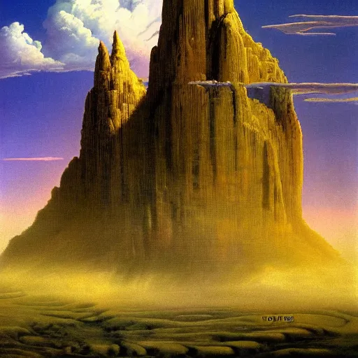 Prompt: by bruce pennington, by tony moore, by thechamba emotive renaissance painting. a beautiful land art of a castle in the clouds.