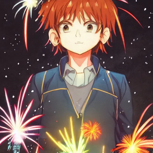 Image similar to portrait of a boy with fireworks in his foot, anime fantasy illustration by tomoyuki yamasaki, kyoto studio, madhouse, ufotable, trending on artstation