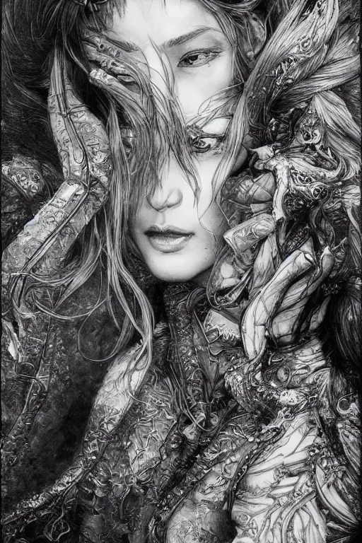 Image similar to portrait of dichen lachman , pen and ink, intricate line drawings, by Yoshitaka Amano, Ruan Jia, Kentaro Miura, Artgerm