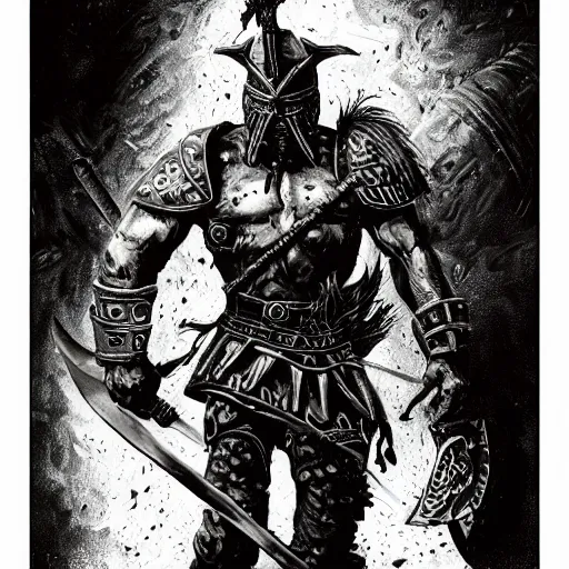 Image similar to a photorealistic painting of Conan the slayer , in a horned helmet and ironpunk death metal armor, wielding an axe, extremely muscular male fantasy hero, extremely detailed, mixed media style comic book artwork, artstation, medieval fantasy art, sharp focus, perfectly symmetrical facial features, melancholy lighting, art by Barry Windsor-Smith and Bill Sienkiewicz , hyperrealism, golden ratio, hyperdetailed, heavily detailed and intricate