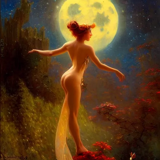 Image similar to attractive fairy magically floating high in the night, fantasy, full moon in background. highly detailed painting by gaston bussiere, craig mullins, j. c. leyendecker, sharp focus, 8 k