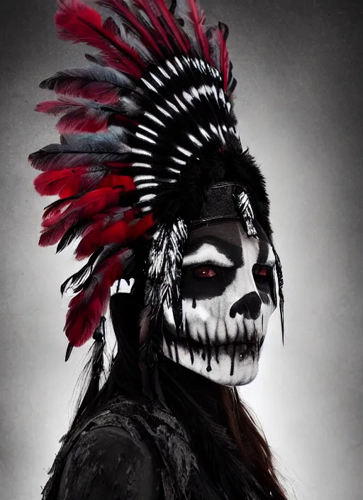 Image similar to the ghost - spirit of the grim - warpaint wears the scarlet skull armor and native blood headdress feathers, midnight fog - mist!, realism, cinematic lighting, various refining methods, micro macro autofocus, ultra definition, award winning photo