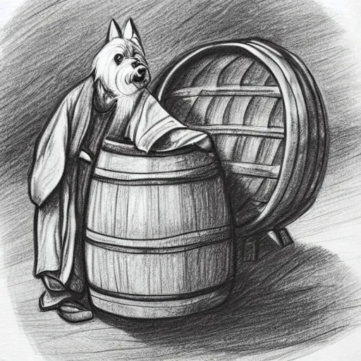 Prompt: pencil sketch of a westie dressed as a monk admiring a wine barrel