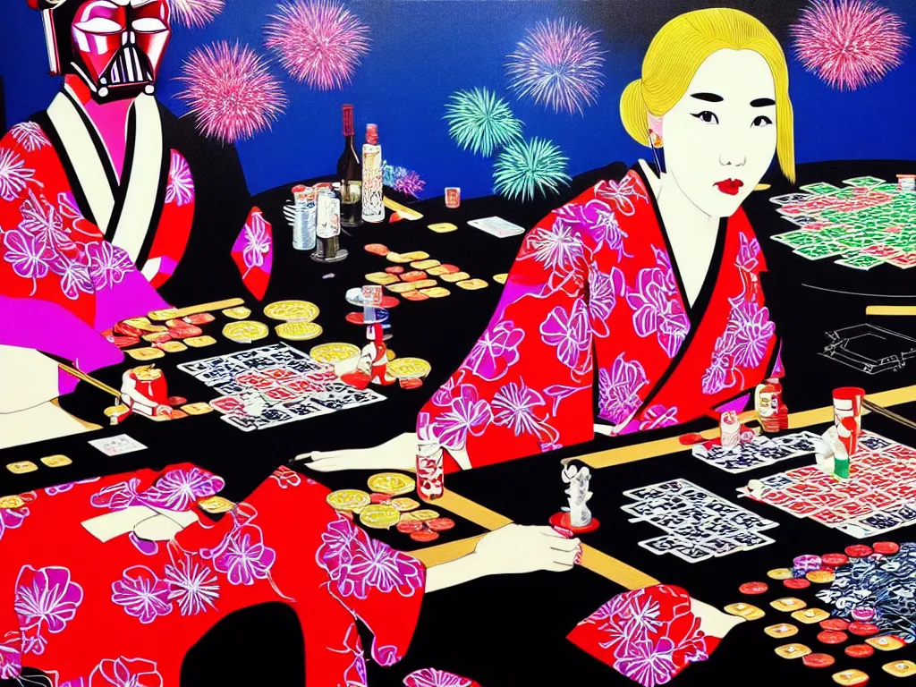 Image similar to hyperrealistic composition of the detailed woman in a japanese kimono sitting at a poker table with detailed darth vader, fireworks, mount fuji on the background, pop - art style, jacky tsai style, andy warhol style, acrylic on canvas