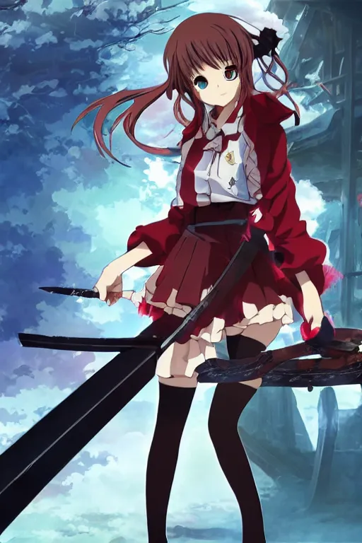 Image similar to anime key visual of a zesshi zetsumei from overlord, wearing a japanese schoolgirl cardigan, wielding a warscythe standing in the middle of a red bloody battlefield, bored anime expression, official digital media illustrated by artist so - bin, trending on artstation