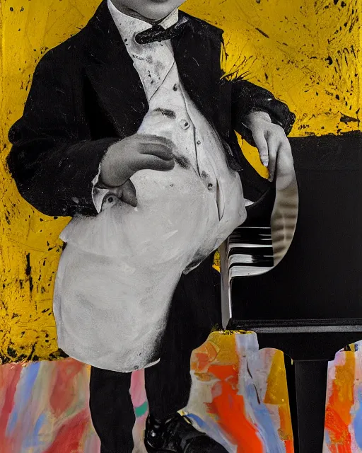 Image similar to portrait of a child piano player in tuxedo painted by vincent lefevre and hernan bas and pablo amaringo and pat steir and hilma af klint, psychological, photorealistic, dripping paint, washy brush, rendered in octane, altermodern, masterpiece