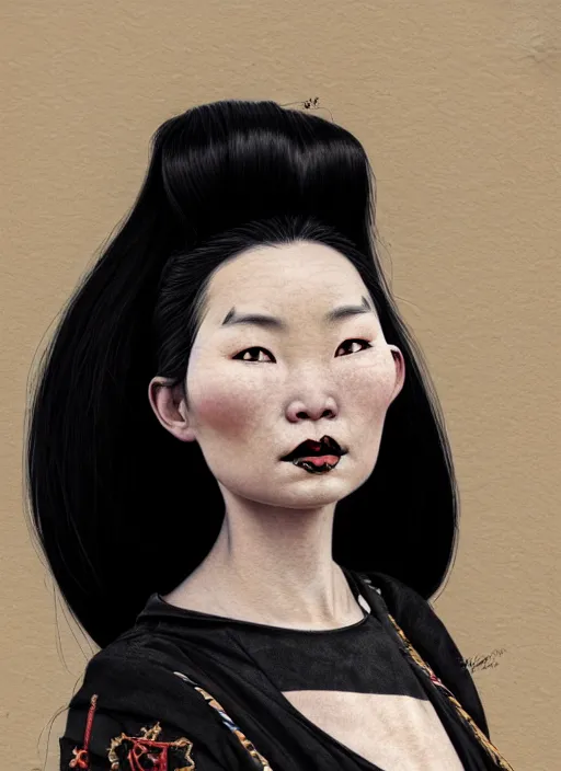 Prompt: portrait of a mongolian woman with a crooked nose and a confident expression, 1 9 6 0 s, black clothes, goth, punk, brightly coloured hair, funk, intricate, elegant, highly detailed, digital painting, artstation, concept art, smooth, sharp focus, illustration, art by wlop, mars ravelo and greg rutkowski