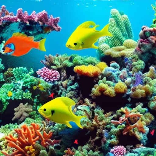 Prompt: a thriving coral reef with colorful fish and plants : : underwater : :