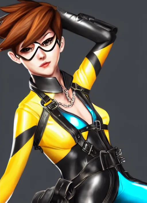 Image similar to full body digital artwork of tracer overwatch, wearing black iridescent rainbow latex, 4 k, expressive happy smug expression, makeup, in style of mark arian, wearing detailed black leather collar, wearing chains, black leather harness, leather cuffs around wrists, detailed face and eyes,