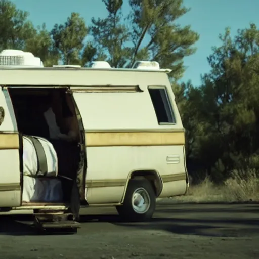 Image similar to film still of walter white carrying a bodybag into an old rv on the tv show breaking bad, cinematic, 4k