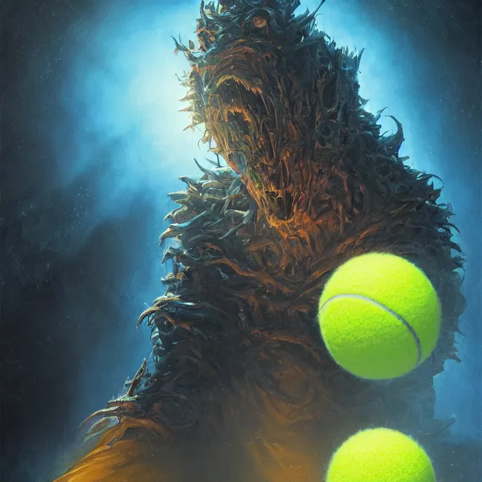 Prompt: cinematic portrait of a tennis ball monster in the abyss of space, oil on canvas, masterpiece, trending on artstation, featured on pixiv, cinematic composition, dramatic pose, beautiful lighting, sharp details, hyper-detailed, HD, HDR, 4K, 8K, art by Tim Hildebrandt and Wayne Barlowe and Bruce Pennington and ruan jia and larry elmore