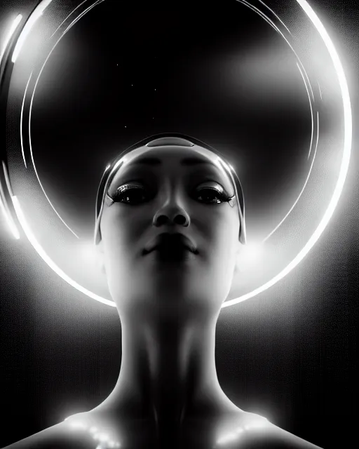 Image similar to black and white high quality photo of a beautiful futuristic female human-AI-cyborg looking into a sci-fi mirror:: volumetric lighting, liminal space, brutalism, foggy, dreamy, hyperdetailed, bokeh, photorealistic, cinematic, masterpiece, Metropolis, elegant, dark, octane render, 8K, photograph taking in 1910