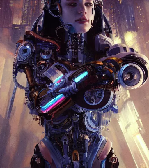 Image similar to ultra realistic full shot of a beautiful cyborg girl with mechanical arms, cyberpunk, sci - fi, fantasy, kodak, colour led, soft light, volumetric lighting, night, intricate, elegant, highly detailed, digital painting, artstation, concept art, smooth, sharp focus, illustration, art by artgerm and greg rutkowski and alphonse mucha