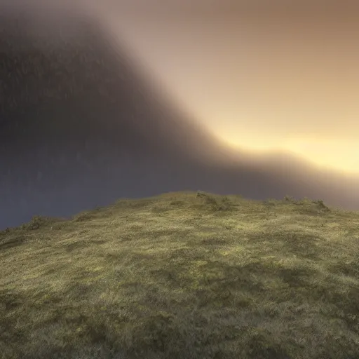 Image similar to tall mountain, realistic, detailed, fog, award winning photo, sunset, 8 k