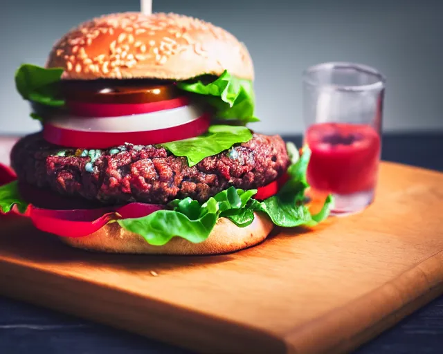 Image similar to dslr food photograph of burger with a raw meat patty in it, 8 5 mm f 1. 4