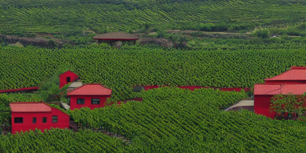 Image similar to A ink painting winery with red walls and a green roof. The vineyards are sprawling and green, with a river winding through them. In the distance, there are mountains. by zhang zeduan, mi fu, painting on silk, immaculate scale, hyper-realistic, Unreal Engine, Octane Render, digital art, trending on Artstation, 8k, detailed, atmospheric, immaculate