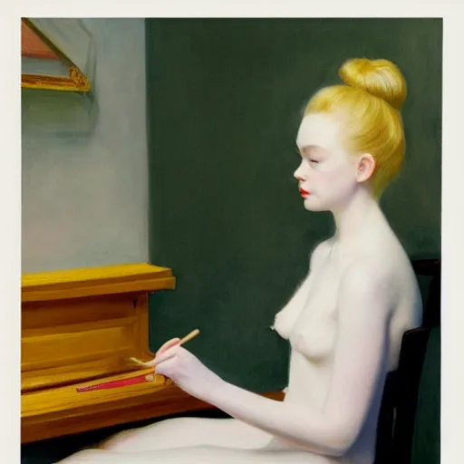 Prompt: Painting of Elle Fanning lighting a match, long blonde hair, delicate, pale milky white porcelain skin, by Edward Hopper. 8K. Extremely detailed.