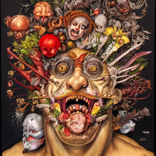 Image similar to portrait of crazy giuseppe arcimboldo, symmetrical, by yoichi hatakenaka, masamune shirow, josan gonzales and dan mumford, ayami kojima, takato yamamoto, barclay shaw, karol bak, yukito kishiro