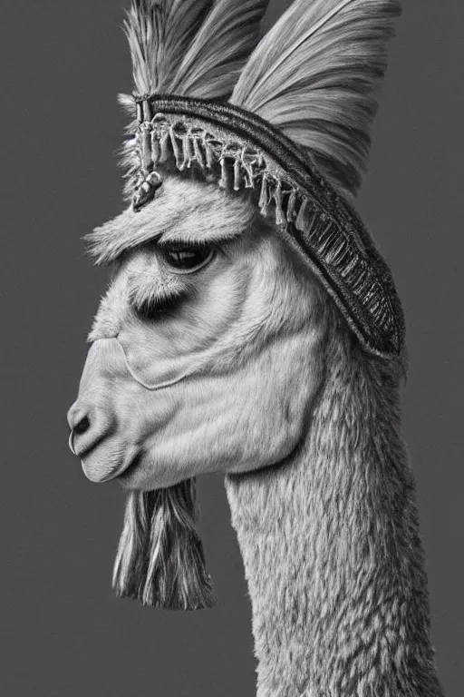 Image similar to hyperrealism close-up portrait llama in War bonnet in style of da Vinci