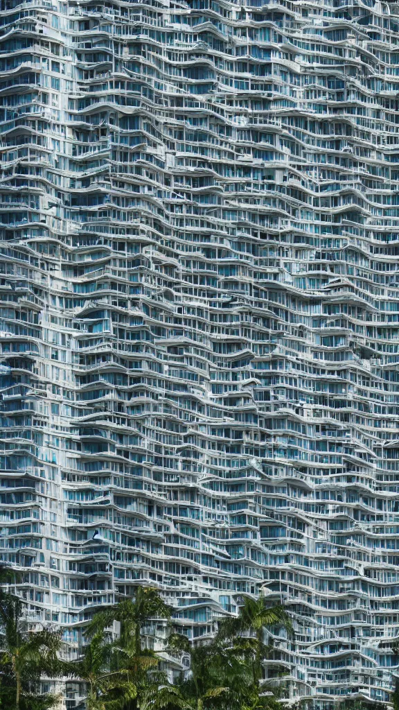 Prompt: ultrarealistic photo of a eco - futuristic building in a urban setting. the close - up photo of the building has many deep and tall balconies. in the background are many thin random columns and large windows. rainbow fabric hangs from most balconies. large greeble articulated details with plants. sharp focus. 8 k