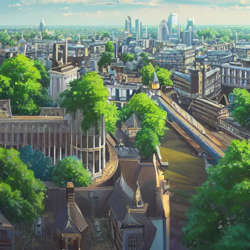 Prompt: A beautiful painting of London ,Anime ,nature ,illustration, Nature wallpaper, Bright and airy, Aerial, Makoto shinkai ,Trending on artstation