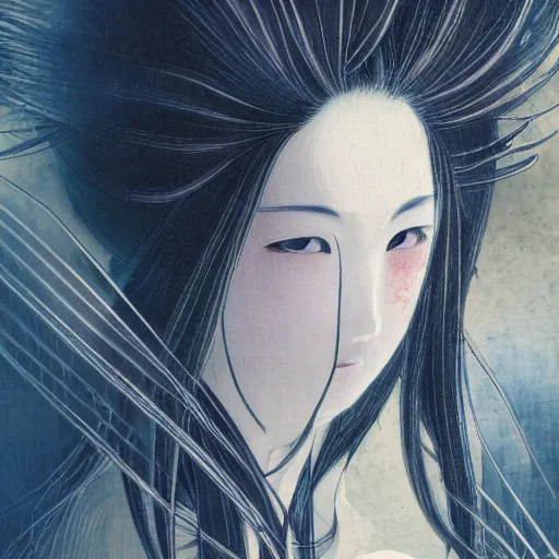 Prompt: yoshitaka amano blurred and dreamy realistic illustration of a japanese woman in anime style with black eyes, wavy white hair fluttering in the wind wearing elden ring armor with engraving, abstract patterns in the background, satoshi kon anime, noisy film grain effect, highly detailed, renaissance oil painting, weird portrait angle, blurred lost edges, three quarter view
