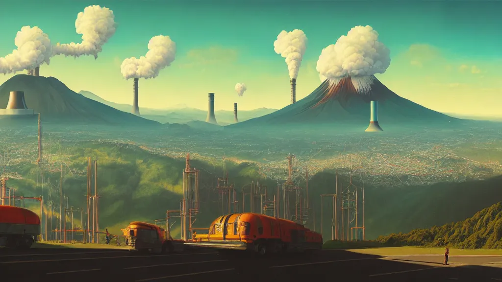 Image similar to Nuclear Reactors integrated with the nature, mountains and city of Quito; by Simon Stålenhag, oil on canvas; Art Direction by James Cameron; 4K, 8K; Ultra-Realistic Depth Shading