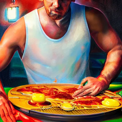 Prompt: Brandon Bird portrait of Mark Ruffalo spilling BBQ Sauce over his white tank top, painting, digital art, vibrant colors, extreme detail, 8k HDR,