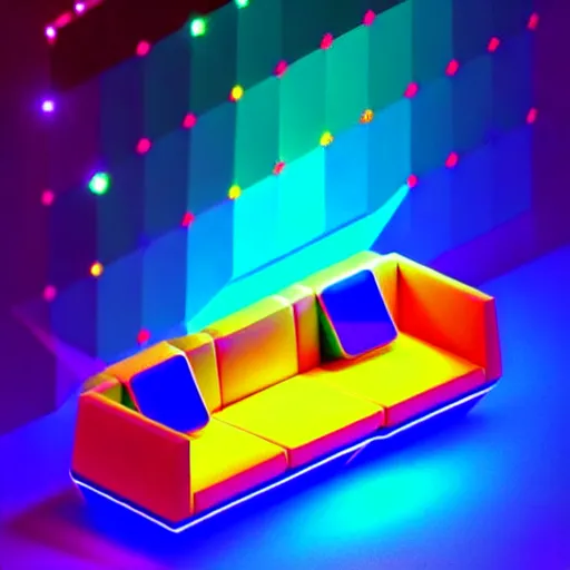 Prompt: isometric object is a low poly isometric sofa with alien aesthetic inspired by pandora in the avatar movie, it has bioluminescent plants growing on top of it, beautiful neon orange - yellow with blue hints and it's bedecked with some sparkling crystals all over the place. black background, night isometric artstation neon. behance, pinterest