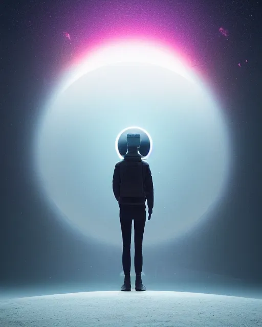 Image similar to a person standing in front of a glowy open door that's on a barren moon, poster art by mike winkelmann, trending on cg society, space art, sci - fi, ue 5, futuristic, volumetric lighting, light casting onto the ground, neat composition and camera angle