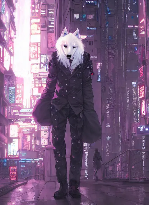 Image similar to character portrait of a male anthro albino wolf fursona with a tail and a cute beautiful attractive detailed furry face wearing stylish cyberpunk clothes in a cyberpunk city at night while it rains. hidari, color page, tankoban, 4K, tone mapping, Akihiko Yoshida.