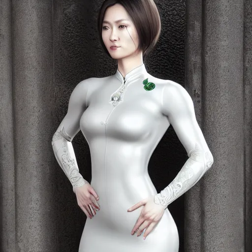 Prompt: muscular oiled woman wearing ao dai, ultra realistic, concept art, intricate details, highly detailed, photorealistic, octane render, 8 k, unreal engine.