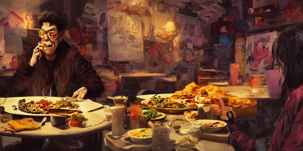 Image similar to cartoonish lou reed eating dinner, vivid colors, character sheet, fine details, concept design, contrast, kim jung gi, greg rutkowski, trending on artstation, 8 k, full body, turnaround, front view, back view, ultra wide angle