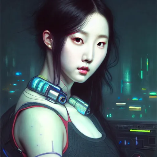 Prompt: portrait painting of sunmi as a cyberpunk technician, k - pop, ultra realistic, concept art, intricate details, eerie, highly detailed, photorealistic, octane render, 8 k, unreal engine. art by artgerm and greg rutkowski and magali villeneuve and alphonse mucha