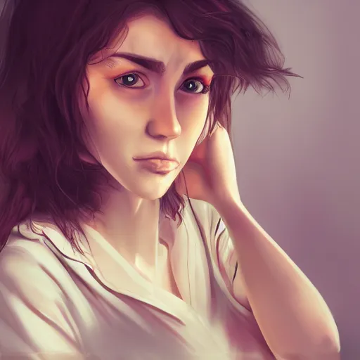 Image similar to tired girl in pyjamas working on computer, tired eyes, digital art, drawing, artstation