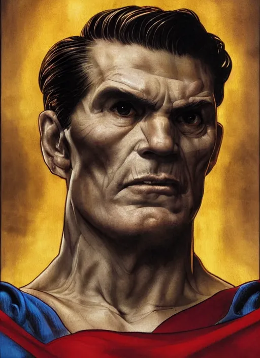 Image similar to renaissance grotesque portrait painting of old angry hernan drago as superman 2 0 7 7, sentry, superior, character redesign by lee bermejo and greg rutkowski and alphonse mucha