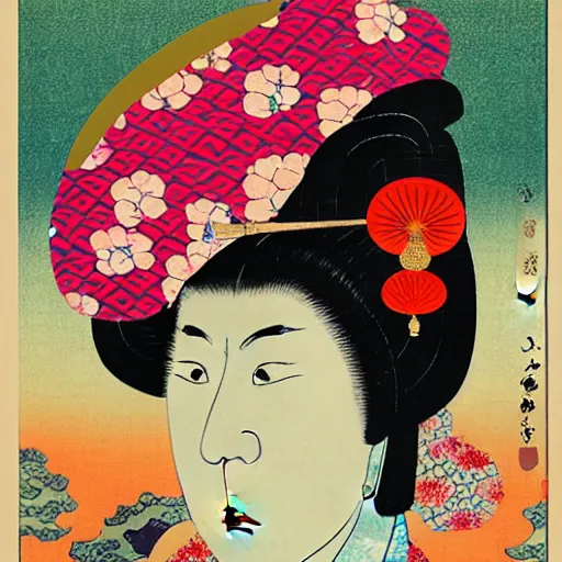 Image similar to a collage of asian art with a woman in a kimono, an album cover by tadanori yokoo, behance, neo - dada, surrealist, glitch art, ukiyo - e