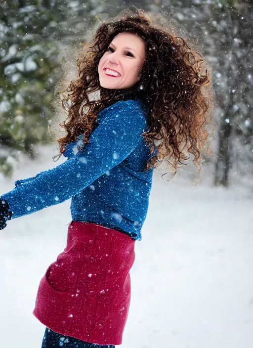 Prompt: a photo of 4 0 year old woman with short wavy curly light brown hair and blue eyes wearing colorful winter clothes is running in a snowy field. 1 1 mm. front view, perfect faces