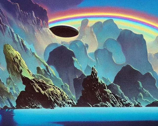 Image similar to roger dean 1 9 8 0 s art of distant mountains strange bizarre alien planet surface lakes reflective clear blue water, rainbow in sky, imagery, illustration art, album art