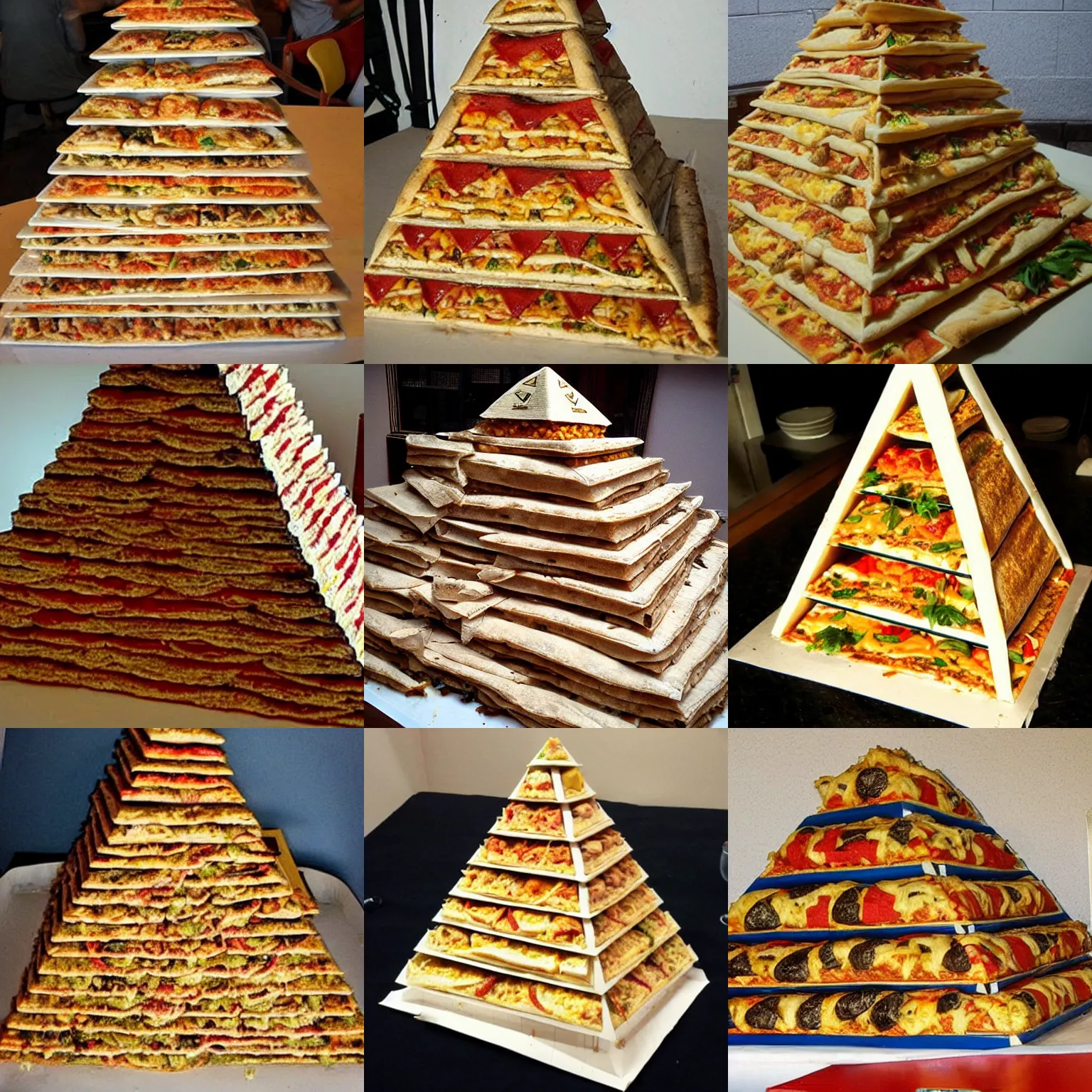 Prompt: egyptian pyramid made of pizza